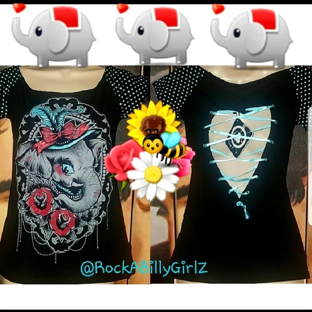 Too Fast Elephant In Feather Hat Smell the Roses Top Heart Cut Out w Laceup Back